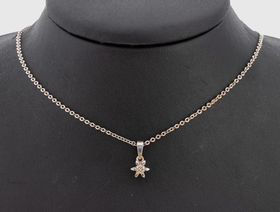 14 kt Gold Brillant-Anhänger, WG 585/000, Brillant ca. 0.15 ct Weiß/si, L. ca. 40.5 cm, Federringschließe, ca. 3.0 g, Reinigung empfohlen,
