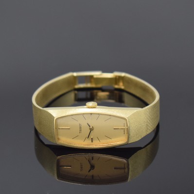 TISSOT Damenarmbanduhr in GG 585/000 an Milanaiseband, Handaufzug, Schweiz um 1970, Boden aufgedr., gold. Zifferbl. m. 4 aufges. Indizes altersbed. ...
