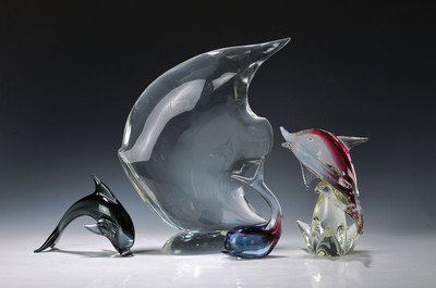4 Fischskulpturen aus Glas, u.a. Carlo Nason und Seguso, Murano, 2.Hälfte 20.Jh., farbloses Glas, mundgeblasen, großer Fisch von Seguso H. 32 cm; ...