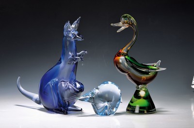 3 Tierfiguren aus Glas, u.a. Archimede Seguso und Cenedese, Murano, 2.Hälfte 20.Jh. , farbloses Glas, mundgeblasen, unterschiedlich farbig ...