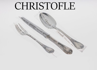 30-tlg. CHRISTOFLE Besteck, Model Marly, versilbert, best. aus: 6 Menümesser, 6 Menü- gabeln, 6 Menülöffel, 6 Kuchengabeln, 6 Kaffee-löffel, ...