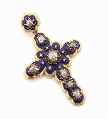 18 kt Gold Diamant-Kreuzanhänger, um 1860, GG 750/000, feine qualitätvolle Verarbeitung, royalblau emailliert (besch.), 16 einzeln in Silber ...