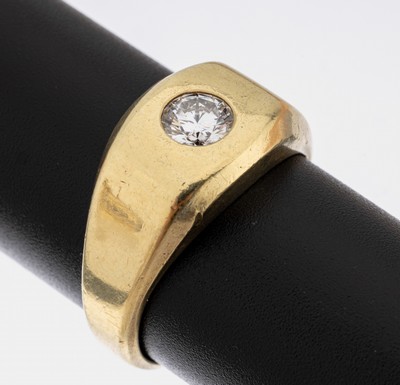 14 kt Gold Brillant-Ring, GG 585/000, Brillant ca. 0.50 ct Weiß/lupenrein, RW 59, ca. 11.4 g, mit Galia Expertise von 1985