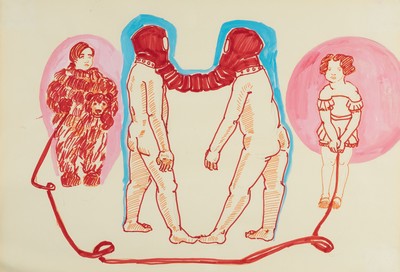 Cornelia Renz, geb. 1966 Kaufbeuren, "Fetisch", Bleistift und Farbstift auf Papier,42x60 cm, unter Glas gerahmt 52x71 cm; Renz studierte ...