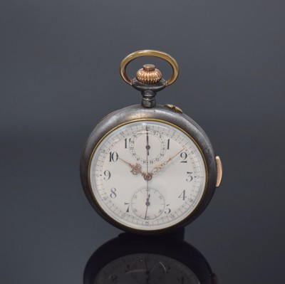 Offene Taschenuhr mit 1/4-Repetition und Chronograph mit Minutenzähler in Stahl, Schweiz um 1910, glattes brüniertes Stahlgeh. berieb., gold. ...