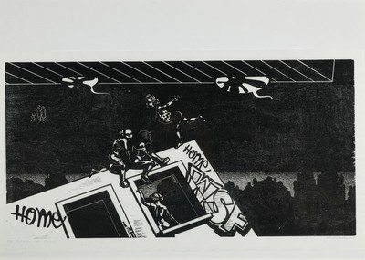 Franca Bartholomäi, geb. 1975 Hohenmölsen, Holzschnitt "Kulissenkinder (Home)", 2008, Tendenzen der Street Art und des sozialistischen ...