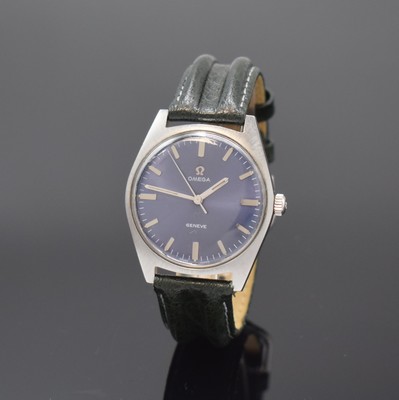 OMEGA Geneve Armbanduhr Referenz 135.041 mit blauem Zifferblatt in Stahl, Schweiz um 1969, Handaufzug, 2-tlg. Geh., Boden verschr., orig. Krone u. ...