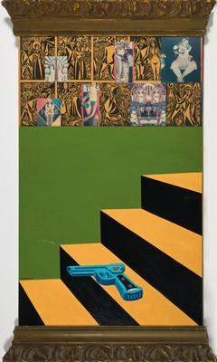 Benno Walldorf, 1928 Gießen-1985 Bad Homburg , "Pistolen-Ikone", 1969, Collage: Acryl undPapier auf Holzplatte, verso bezeichnet, Etikett ...