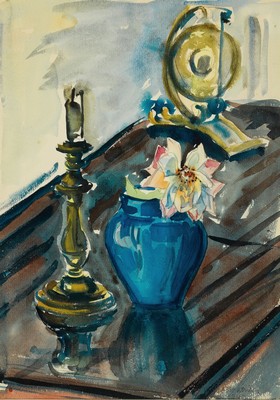 Otto Ditscher, 1903-1987 Neuhofen, Stillleben mit Vase, Kerzenleuchter und Gong, Gouache auf Papier, rechts unten signiert und dat. 1947, ca. ...