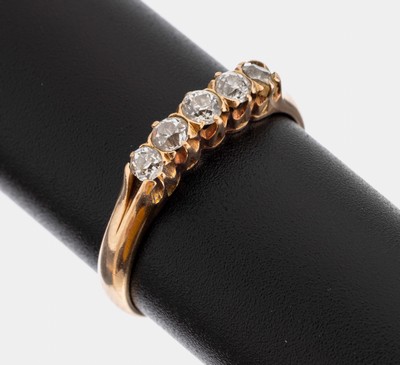14 kt Gold Diamant-Ring, um 1900/10, GG 585/000, 5 Altschliffdiamanten zus. ca. 0.36 ct l.get.Weiß-Weiß/p, RW 56, ca. 2.3 g
