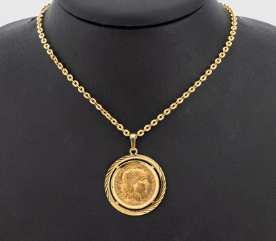 14 kt Gold Münz-Anhänger, GG 585/000, gefasste Goldmünze, 20 Francs Frankreich 1910,Marianne, an Kette, GG 750/000, L. ca. 68 cm, ca. 21.1 g
