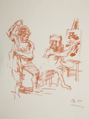 Oskar Kokoschka, 1886-1980, Rötellithografie , Maler mit Model vor Staffelei, Rötellithografie, handsign., Blatt ca. 64x49 cm