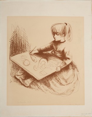 Nagel Hanna, 1907-1975, Kreidelithografie, titel: Zeichnendes Kind, sign., ca. 61x48 cm, Gebrsp., kl. Riss