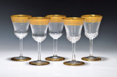 9 Weissweingläser, Saint Louis, Thistle, 20. Jh., farbloses Kristallglas, mit umlaufender floral geätzter Goldbordüre, gemarkt, H.ca. 14 cm