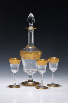 Likörkaraffe und 3 Likörgläser, Saint Louis, Thistle, 20. Jh., farbloses Kristallglas, mit umlaufender floral geätzter Goldbordüre, gemarkt ...