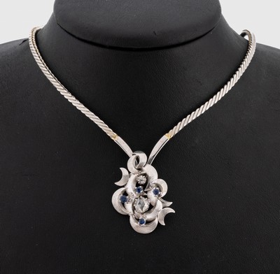 14 kt Gold Saphir-Diamant-Collier, WG 585/000, Abhängung besetzt mit 2 Diamantrosen zus. ca. 0.25 ct Weiß/p und 4 rundfacett. Saphire zus. ca. ...