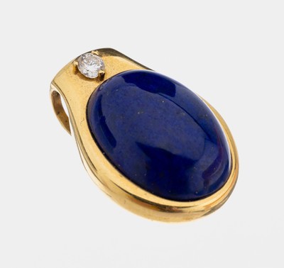 18 kt Gold Diamant-Lapislazuli-Anhänger, GG750/000, mittig ovaler Lapislazulicabochon ca.15 ct, 1 Diamant ca. 0.15 ct feines Weiß/si, L. ca. 2.5 ...