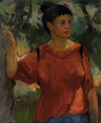 Otto Vagfalvi, ungarischer Künstler, geb. 1925, junge Frau im roten Pulli, bez. "Pirosbluzos lany", Öl/Lwd, signiert, ca. 60 x 50 cm, ...