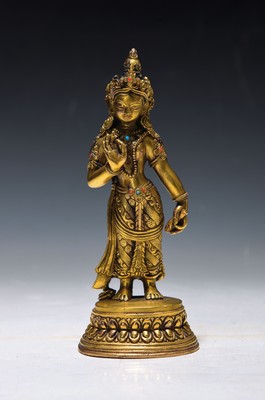Padmapani, Tibet, 2. H. 19. Jh.,, Bronze, mit Türkis und Steinbesatz, feiner Guß, auf doppeltem Lotussockel, Haare dunkel staffiert, H. ca. 17 cm