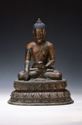 Buddha, Shakyamuni, Thailand, Bronze, mit Opferschale, auf doppeltem Lotussockel, Reste alter Fassung, H. ca. 30 cm