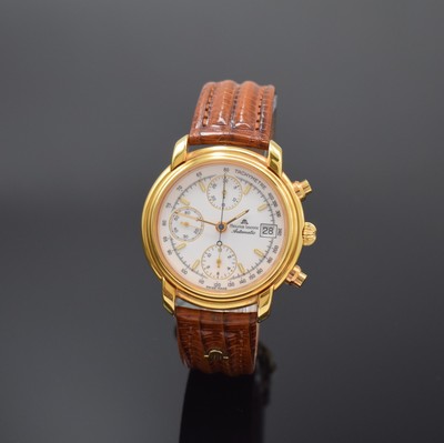MAURICE LACROIX Armbandchronograph, Schweiz um 2000, Automatik, verg. Geh., Boden aufgedr., orig. Lederband m. orig. Dornschl., emailfarb. Zifferbl. ...