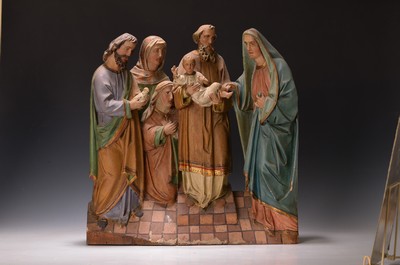 Heilige Familie, deutsch, um 1870/70, Holz geschnitzt, gefasst, altersbedingt beschädigt, ca. 48x46x10,5 cm
