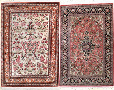 2 Lots Ghom Seide, Persien, Mitte 20.Jhd, reine Naturseide, ca. 118 x 82 cm & 114 x 75 cm, EHZ: 2-3(verschmutzt).