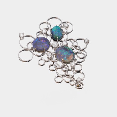 18 kt Gold Opal-Brillant-Brosche, WG 750/000, hochwertige Einzelanfertigung eines renommierten Idar-Obersteiner Goldschmieds, Aufbau aus mehreren ...