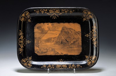 Bildplatte mit Ansicht der Loreley, deutsch, Mitte 19.Jh., Metall schwarz lackiert, lithographierter Dekor in gold, spätklassizistische ...