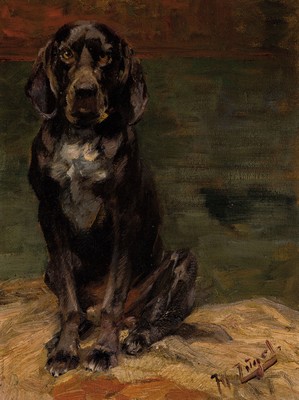 Heinrich von Zügel, 1850 Murrhardt-1941 München, Der Hund des Künstlers, einer seiner vier Bekass-Hunde, 1890er-Jahre, Öl/Lwd, porträthafte ...