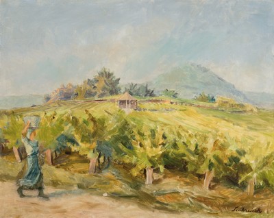 Ludwig Schreieck, 1911 St. Martin-1944 München, Weinlese vor der Kropsburg, Öl/Lwd, rechts unten signiert, ca. 64x80cm, R. ca. 76x92cm Schreieck ...