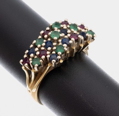 14 kt Gold Farbstein-Ring, GG 585/000, Ringkopf best. mit 7 rundfacett. Smaragde, 6 rundfacett. Rubine und Saphire, RW 52, ca. 7.5 g