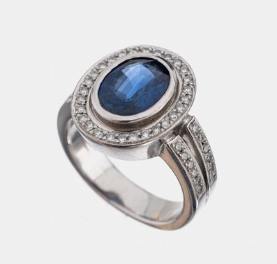 18 kt Gold Saphir-Brillant-Ring, GG 750/000, ovalfacett. Saphir ca. 3.07 ct, Brillanten zus. ca. 0.56 ct Weiß/si, RW 56, ca. 13.7 g