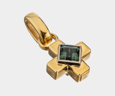 18 kt Gold Diamant Turmalin-Kreuzanhänger, GG 750/000, facett. Turmalincarree ca. 5.00 ct, 9 Brillanten zus. ca. 0.22 ct Weiß/vs-si, ca. 4 cm, ca. ...