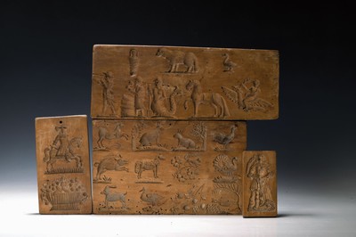 Kleine Holzmodelsammlung für Gebäck, 14 Teile Provenienz Merck und Wedekind Raum Darmstadt, 17.- 19.. Jh., Modelschnitzkunst aus verschiedenen ...