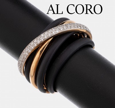 18 kt Gold AL CORO Brillant Ring, "Neraviglia", RG 750/000 und Eisen geschwärzt, in sich verschlungene Ringe, 1 x bes. mit 57 Brillanten ...