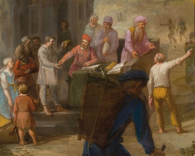 Unbekannter Künstler des ausgehenden 18.Jh., Geldwechseler in Tempelinterieur, Öl/Lwd, restauriert und doubliert, 43x53 cm, Rahmen, 57x67 cm