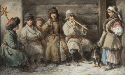 Wilhelm Amandus Beer, 1837-1907 Frankfurt a.M., Aquarell/Gouache, "Russische Weihnachtssinger" so betitelt, rechts unten signiert und ...