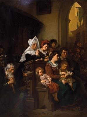 Rudolf Epp, 1834 Eberbach-1910 München, Landleute in der Kirche, Öl/Lwd, rest., doubl., rechts unten signiert und dat. 1867, ca. 148x113cm, R. ca. ...