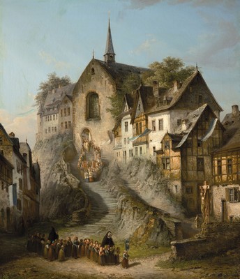 Peter Joseph Minjon, 1818-1898 Düsseldorf, Prozession und Kirchgang, Öl/Lwd, rest., rechts unten signiert, ca. 80x68cm, R. ca. 92x80cm