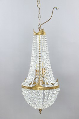 Deckenleuchter, Ende 19.Jh./um 1900, eine Brennstelle, geschliffener Glasbehang, Alters- und Gebr.-spuren, Fu. u. Vollst. nicht geprüft, H.ca. 63 ...