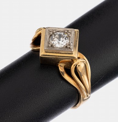 14 kt Gold Diamant-Ring, 1930er Jahre, GG 585/000, Altschliffdiamant in quadratischer Fassung ca. 0.44 ct Weiß/p1, RW 55, ca. 5.4 g