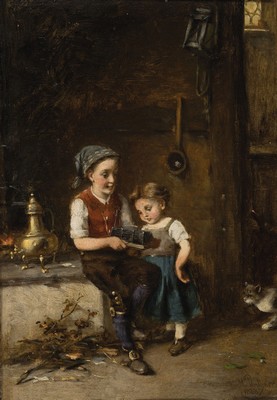 Hermann Plathner, 1831 Gronau-1902 Düsseldorf , "Die Mausefalle", Interieur mit zwei Kindern eine gefangene Maus betrachtend, rechts unten ...