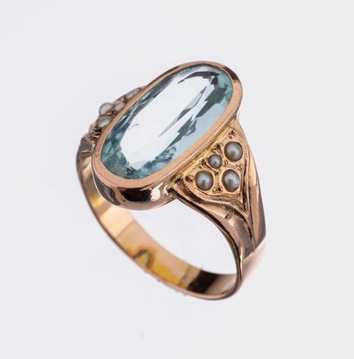 14 kt Gold Farbstein-Ring, 1930er Jahre, RG585/000, ovalfacett. synthetischer Aquamarin, Ringschultern mit kl. Saatperlchen, ca. 7.0 g,RW 57