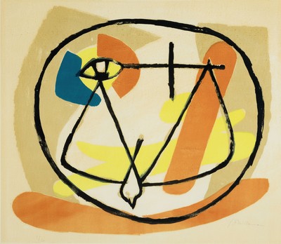 Georg Meistermann, 1911 Solingen-1990 Köln, Farblithographie, "feuertaube", 1951, Ed. 5/20, gebräunt, unter Glas gerahmt, 68x77 cm