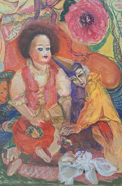 Angelina Androvic Gradisnik, geb. 1937 Cajnice/Jugoslawien, Puppenspiel-Treue, 1990, Pastell/Papier/Masonit, signiert und datiert, unter Glas gerahmt ...