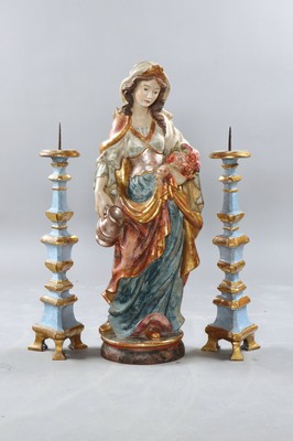 Heiligenfigur, Alois Ohmayer, Obersdorf, Hl. Elisabeth, vollplastische Figur, Holz geschnitzt und bunt gefaßt, z.T. versilbert und z.T. vergoldet, ...