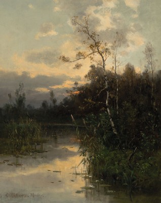 Conrad Eilers, 1845 Kuhnkendorf Ostpreussen-1914 München, Abendstimmung über Landschaft mit Bachlauf, Öl/Lwd, links unten sign. C. Eilers Mchn, ...