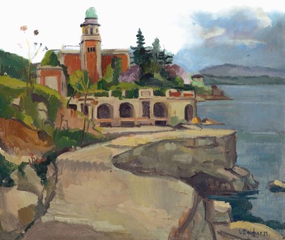 Luise Deicher, 1891 Waiblingen-1973 Stuttgart , südliche Landschaft, Blick auf eine Villa wohl am Lago di Garda, rechts unten signiert und datiert ...