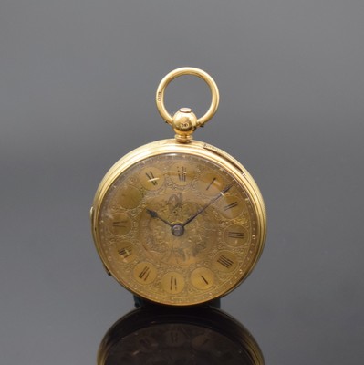 JOSEPH PLAYER offene Taschenuhr in GG 750/000, England lt. Hallmark 1869, Schlüsselaufzug, Rückdeckel floral grav., gold. Zifferbl. m. floraler ...